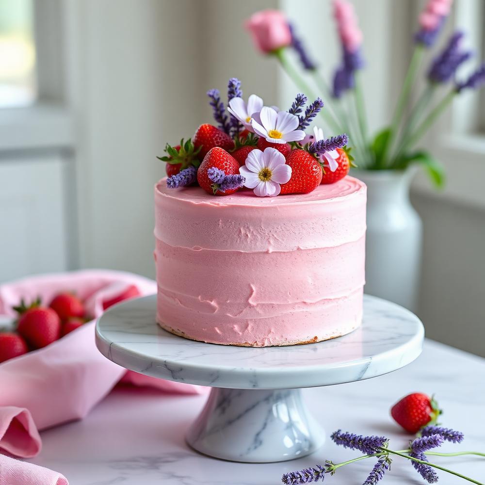 Pink strawberry cake with lavender flowers