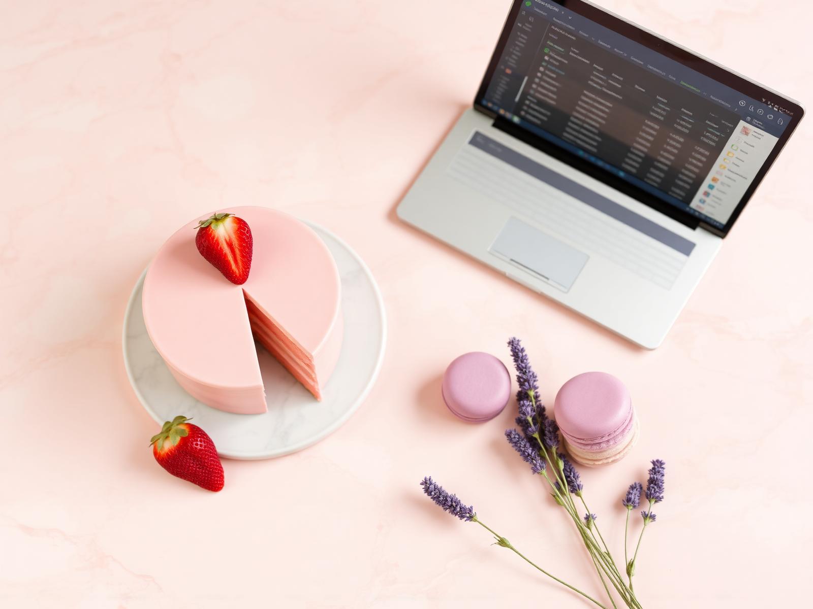 Pink cake, lavender macarons and a laptop showing the pricing workbook